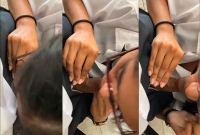 A 19-year-old girl gives an Indian blowjob in the classroom